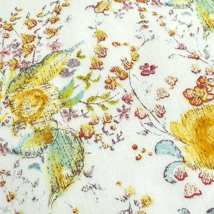 The image is a close-up of a fabric with a floral pattern, featuring various colors and shapes of flowers and leaves.