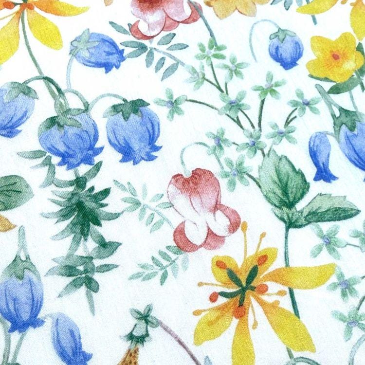 The image is a vibrant and colorful collage of various flowers and plants, including blue, yellow, and pink flowers, as well as green leaves and stems. The arrangement of the flowers and plants creates a visually appealing and lively pattern.