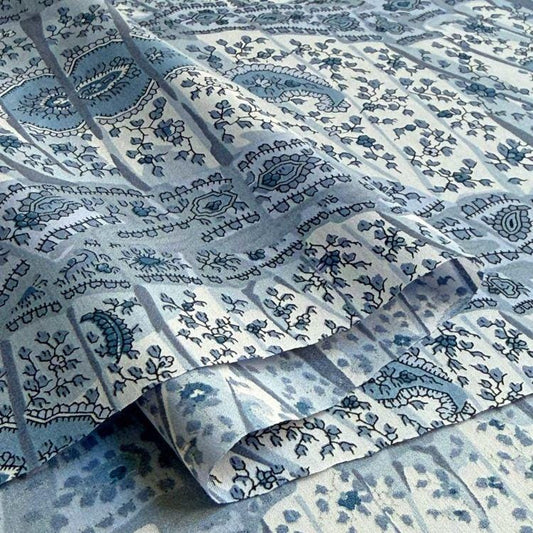 a close-up view of a fabric with a repeating pattern of blue and white floral designs. The fabric appears to be folded or rolled, revealing the intricate details of the pattern.