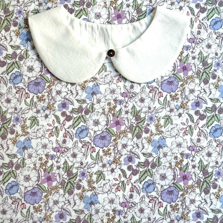 a white collar with a button, set against a background of a floral print with various colors and patterns.