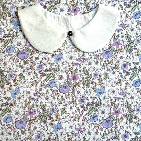 a white collar with a button, set against a background of a floral print with various colors and patterns.