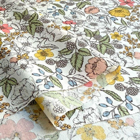 a close-up view of a fabric with a floral pattern. The fabric is adorned with various flowers, leaves, and berries in different colors, creating a vibrant and visually appealing design. The pattern is intricate and detailed, showcasing the craftsmanship and artistry involved in creating the fabric.