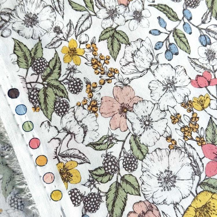 The image is a close-up of a fabric with a floral pattern, featuring various flowers and leaves in different colors such as white, pink, yellow, and green.