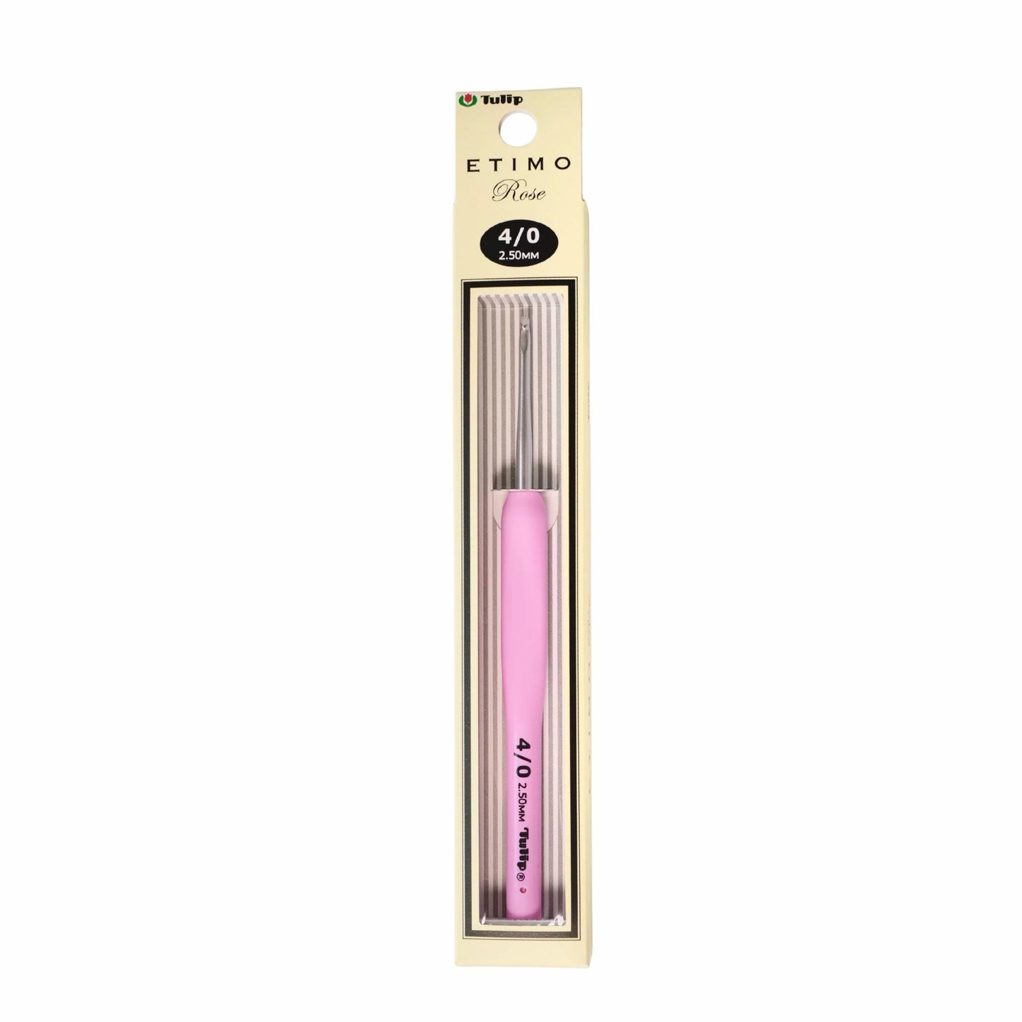 A pink crochet hook is shown in its packaging, which is labeled as a "ETIMO Rose 4/0".