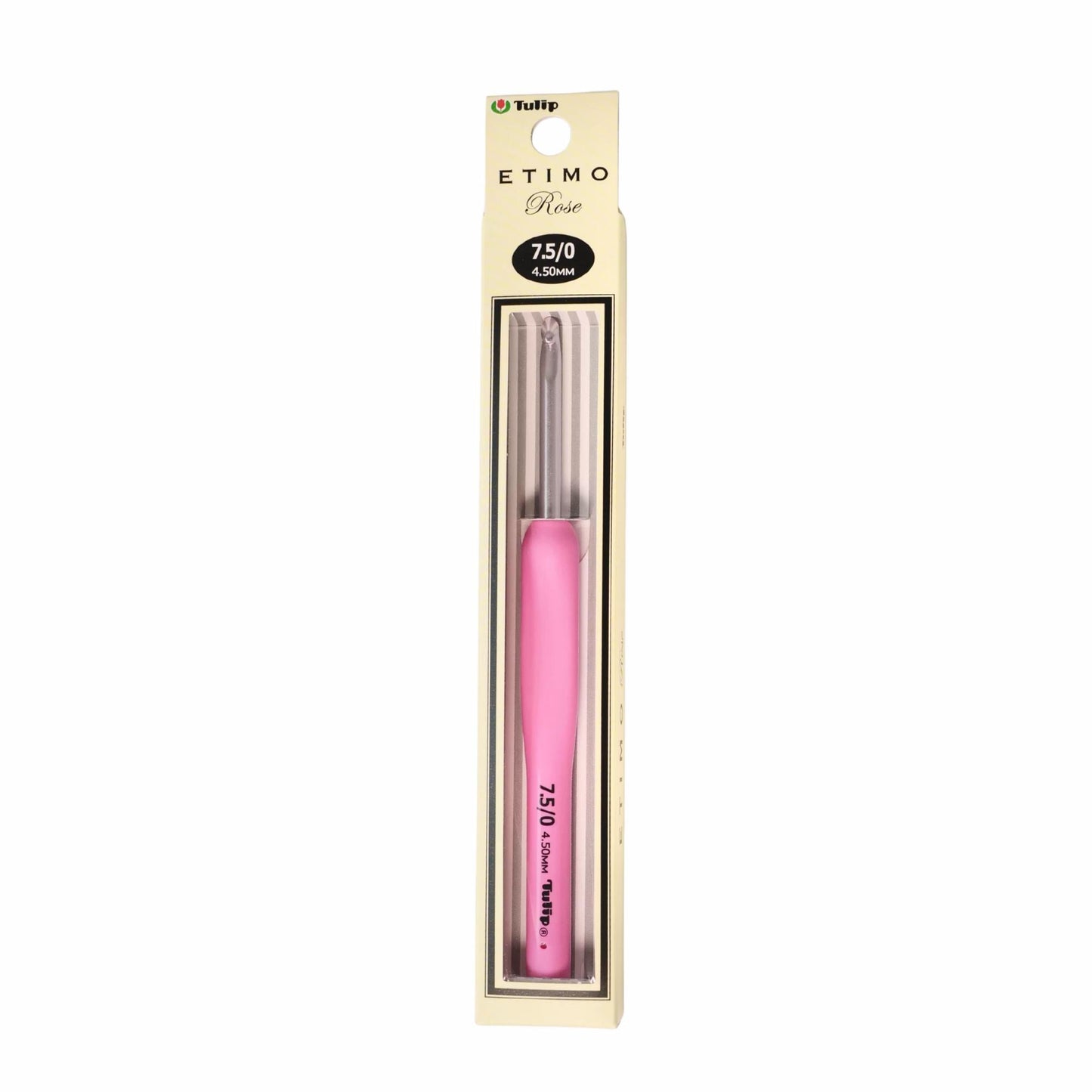 A pink crochet hook is shown in its packaging, which is labeled as a "ETIMO Rose" crochet hook.