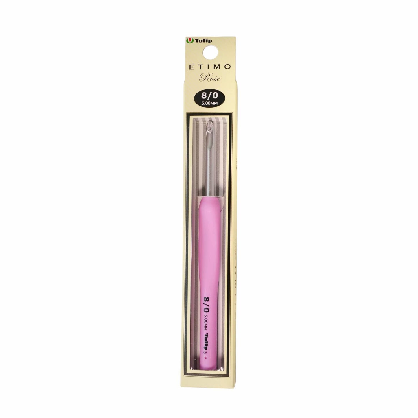 A pink crochet hook is shown in its packaging, which is a yellow box with a black border.
