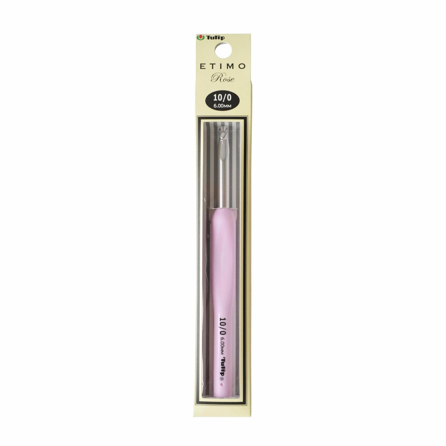 A pink crochet hook in its packaging, labeled as a 10/0 hook.