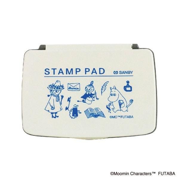 The image is a white rectangular stamp pad with blue illustrations and text.