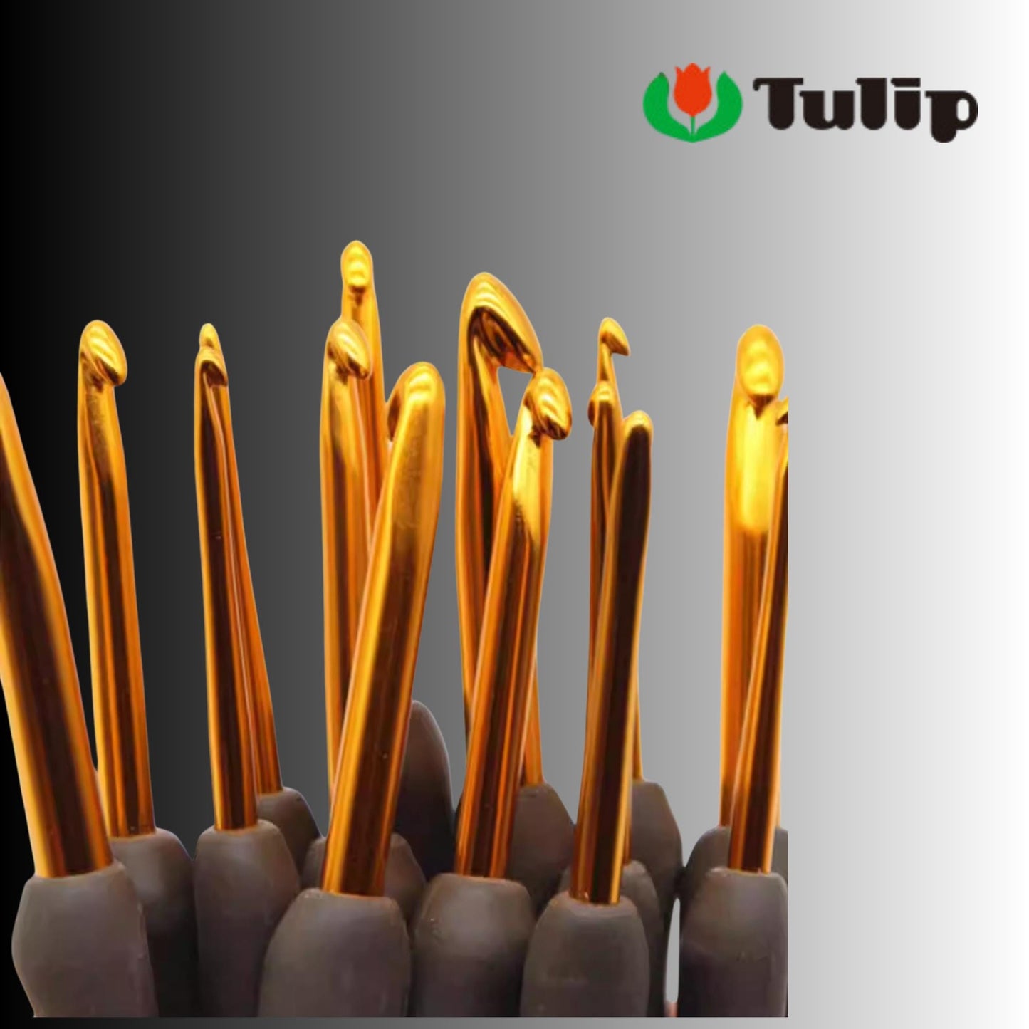 A collection of golden crochet hooks arranged in a row, with the word "Tulip" displayed in the top right corner.