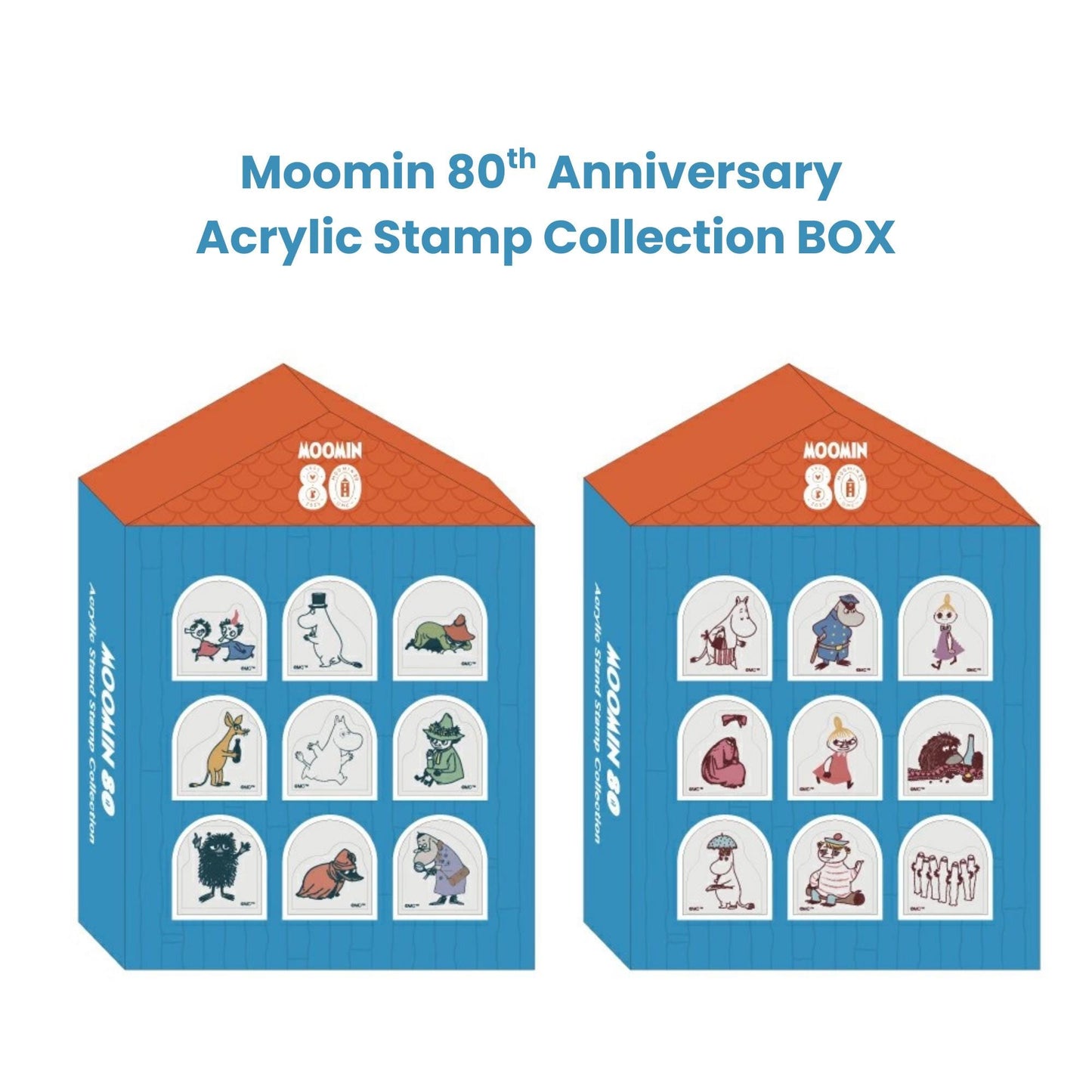 The image is an advertisement for an acrylic stamp collection box featuring various cartoon characters.
