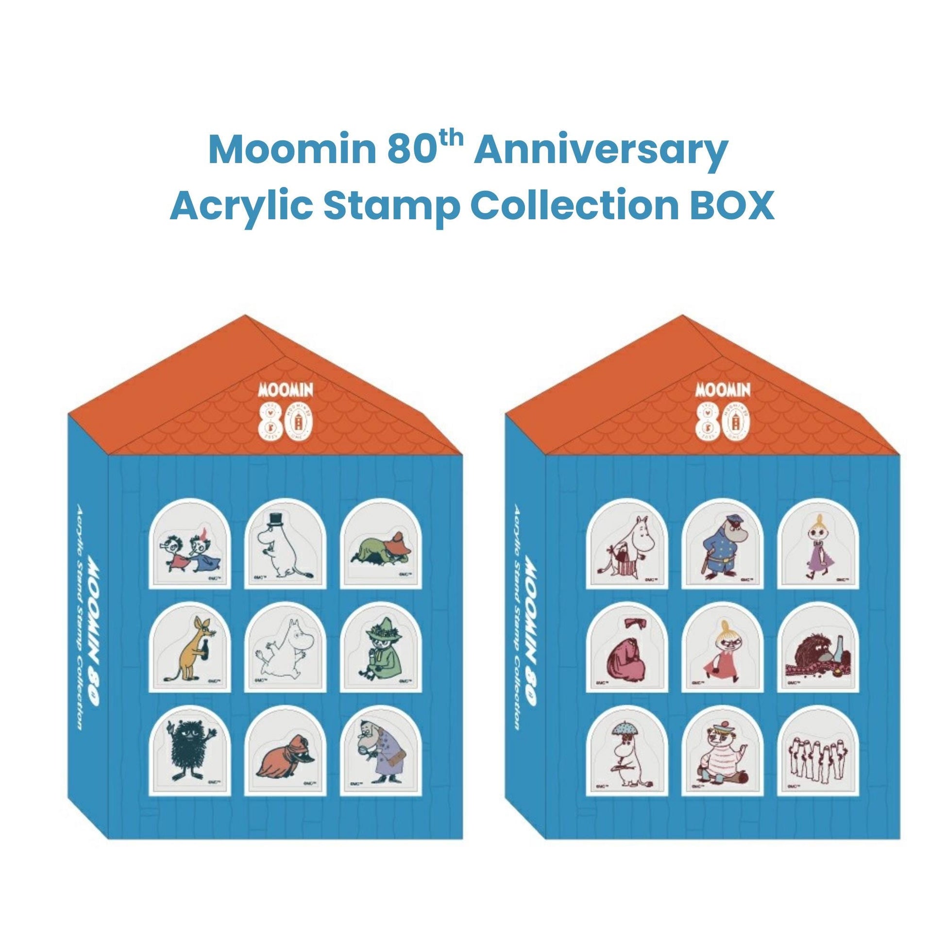 The image is an advertisement for an acrylic stamp collection box featuring various cartoon characters.