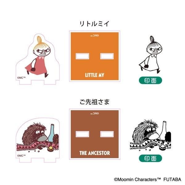 four different character cutouts, each depicting a different character from the Moomin characters series. The cutouts are labeled with the character's name and a description of the character's appearance.