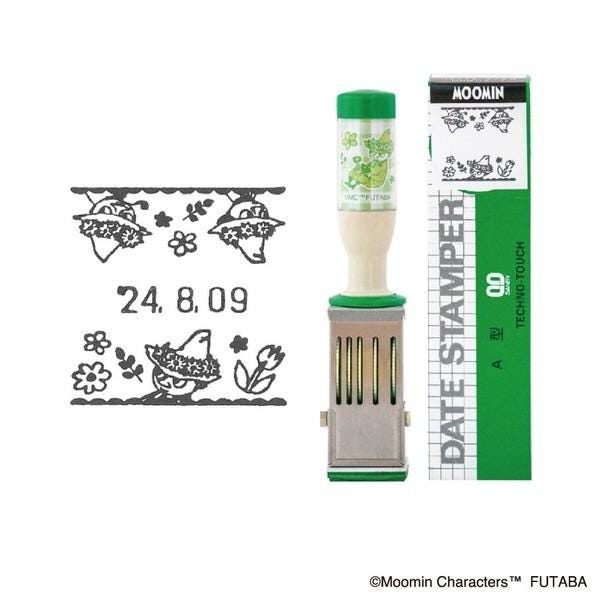 a stamp and a box with a design related to the character Moomin. The stamp features a floral design and the date "24.8.09". The box has a green and white design with the text "Moomin" and "Date Stamper".