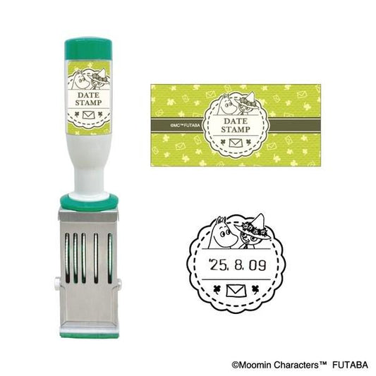 a date stamp design featuring a green and white color scheme with a cartoon character. The stamp is designed to be used for sending letters or cards, and it has a date printed on it.