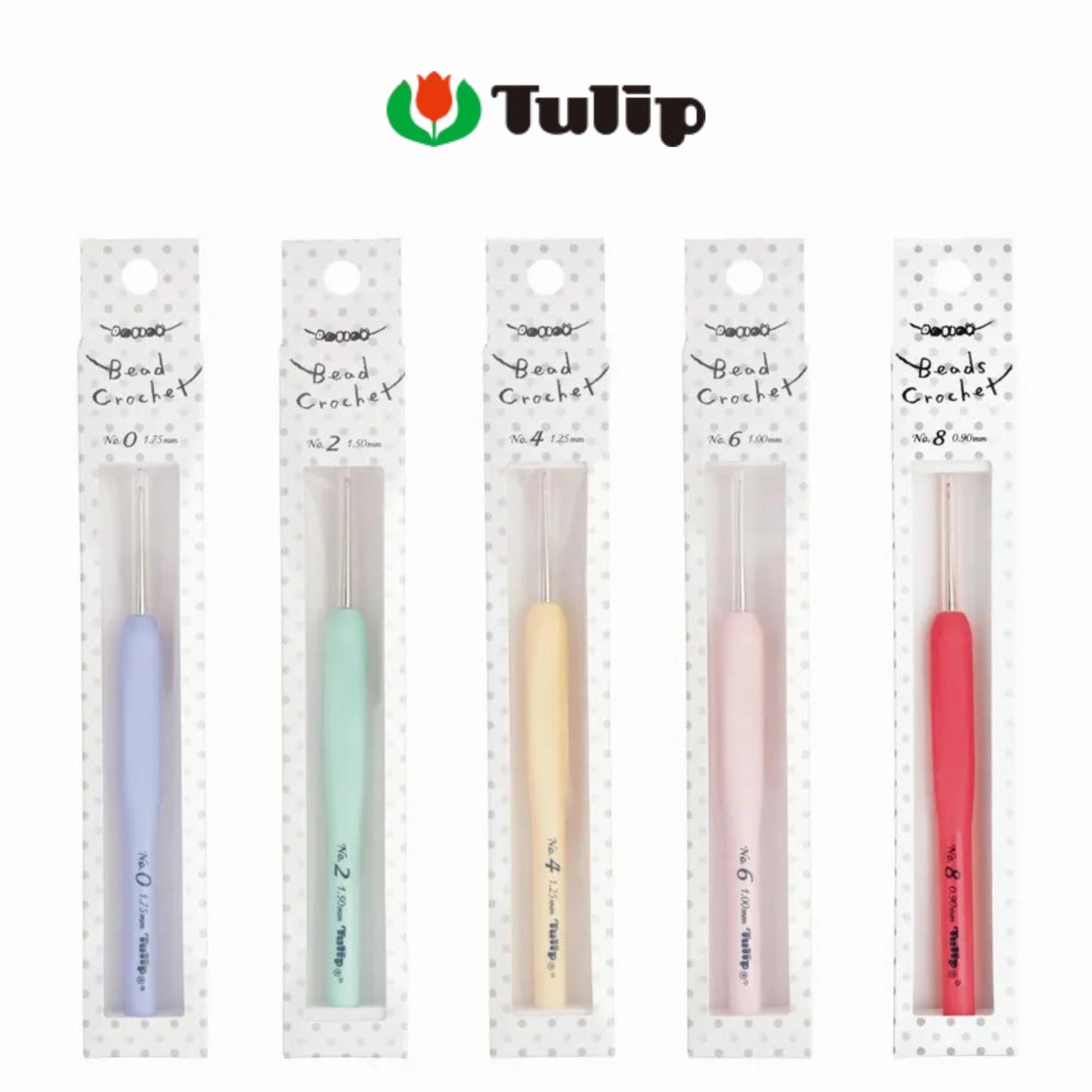 a collection of five crochet hooks in various colors, each packaged in a white box with a tulip logo.