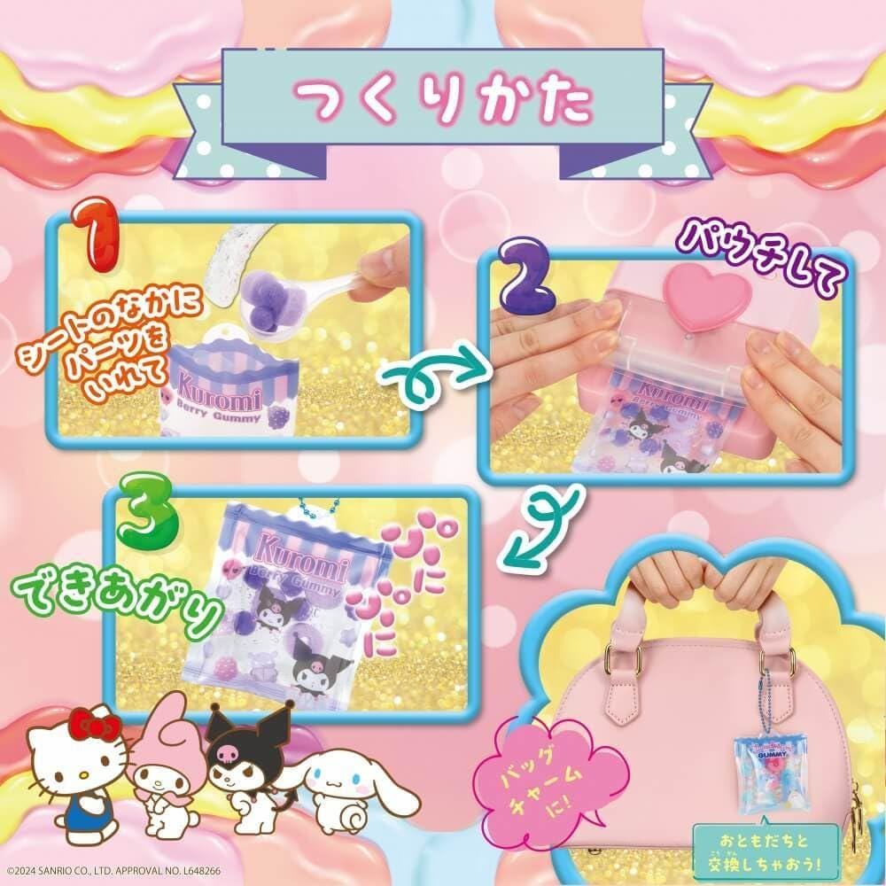 The image is a collage of three images showing the steps to open a Hello Kitty bag. The first image shows a hand holding the bag, the second image shows the bag being opened, and the third image shows the completed bag. The collage also includes a handbag and a Hello Kitty character.