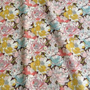 a close-up view of a fabric with a repeating floral pattern in shades of pink, yellow, and white. The pattern consists of various flowers and leaves, creating a visually appealing and vibrant design.