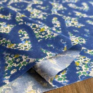 a close-up view of a fabric with a floral pattern in shades of blue and green.