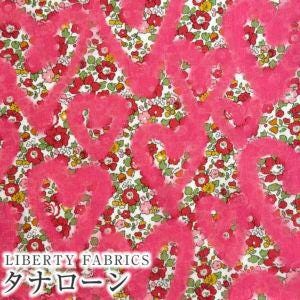 The image is a collage of various images, including a pattern of pink hearts and flowers, and a text overlay that reads "LIBERTY FABRICS" in English and Japanese.