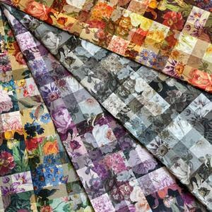 The image is a collage of various colorful fabric swatches, each featuring a different floral pattern. The swatches are arranged in a visually appealing manner, showcasing the diversity and beauty of the floral designs.