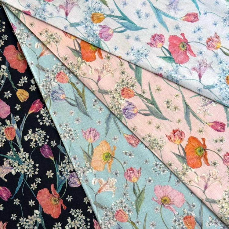 The image is a collage of various fabric swatches with different floral patterns, including flowers and leaves in shades of pink, blue, and green.
