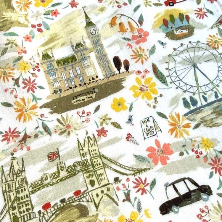 The image is a collage of various illustrations and scenes, including landmarks such as Big Ben, the London Eye, and the Tower Bridge, as well as other elements like flowers, cars, and a ferris wheel.
