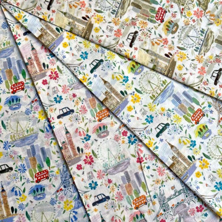 The image is a collage of various printed fabric patterns, including images of landmarks and city scenes, such as London landmarks like Big Ben, the London Eye, and the Houses of Parliament.