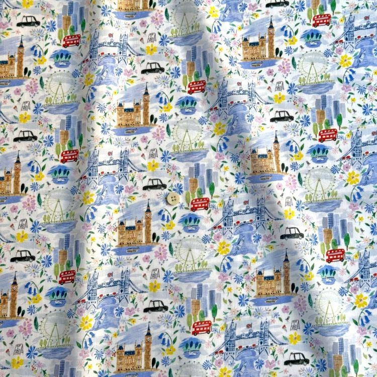 The image is a collage of various illustrations of landmarks and scenes from London, including Big Ben, the London Eye, the Palace of Westminster, and other iconic locations and activities.