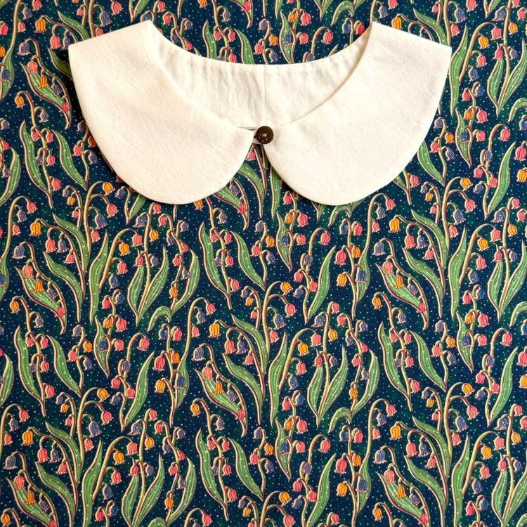 a white collar with a button, set against a background with a floral pattern in shades of blue, green, and pink.