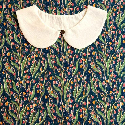a white collar with a button, set against a background with a floral pattern in shades of blue, green, and pink.