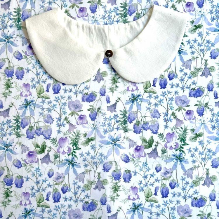 a white collar with a button, set against a background of a floral print in shades of blue and purple.