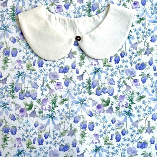 a white collar with a button, set against a background of a floral print in shades of blue and purple.