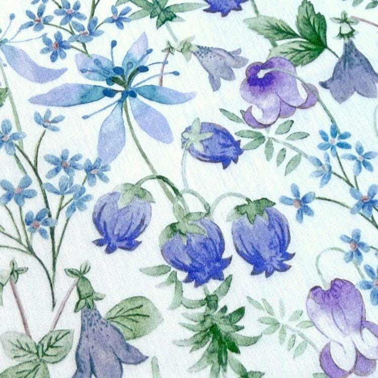 The image is a close-up of a pattern featuring various blue flowers and leaves, including daisies and bluebells, against a white background.