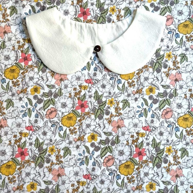 a white collar with a button, set against a background of a floral print with various colors and patterns.