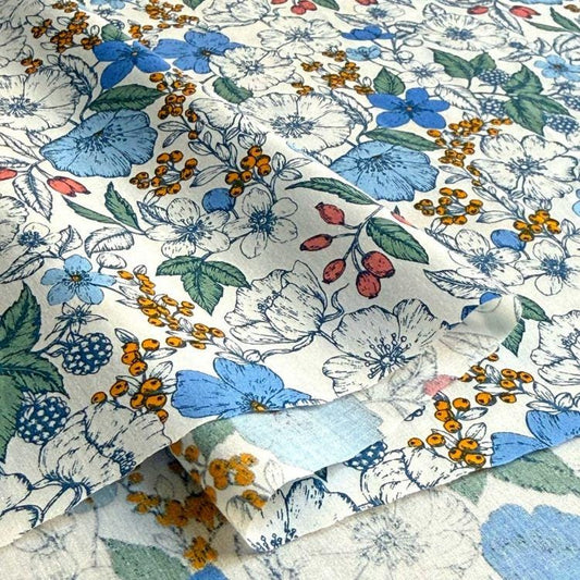 a close-up view of a fabric with a floral pattern. The fabric is predominantly white, with various blue and orange flowers and leaves scattered across it. The pattern is intricate and detailed, showcasing the craftsmanship of the fabric.