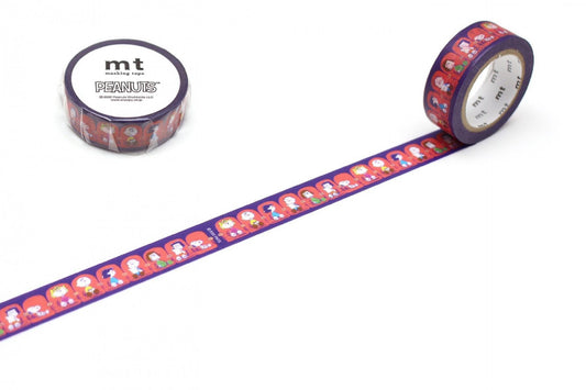 a roll of purple and red Peanuts themed tape with a repeating pattern of cartoon Peanuts characters.