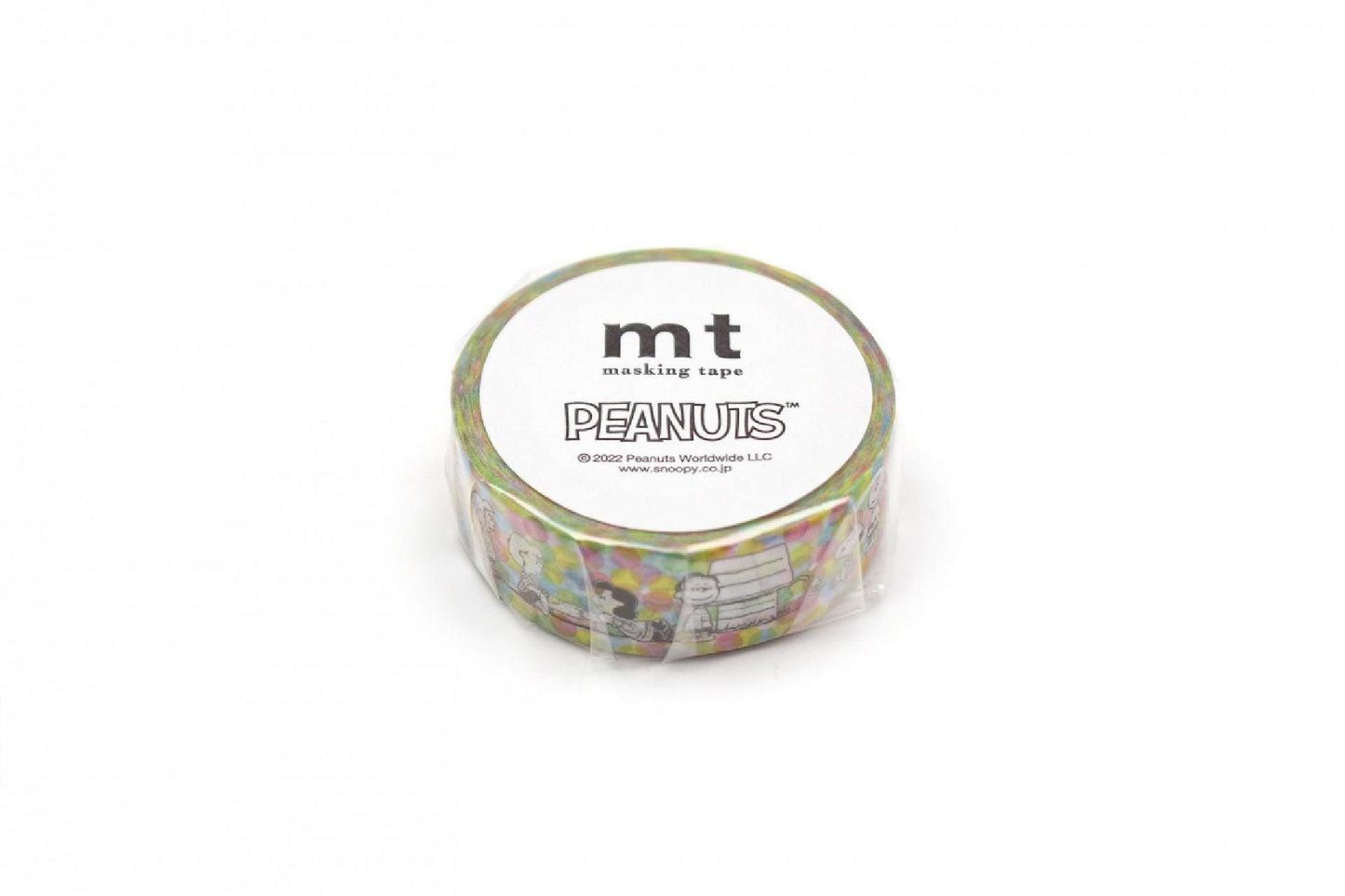 A round roll of Peanuts themed masking tape against a white background.