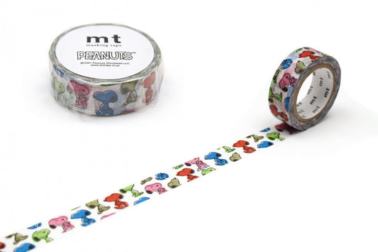 a roll of Peanuts themed tape and a roll of regular tape, both with colorful Peanuts-themed designs.