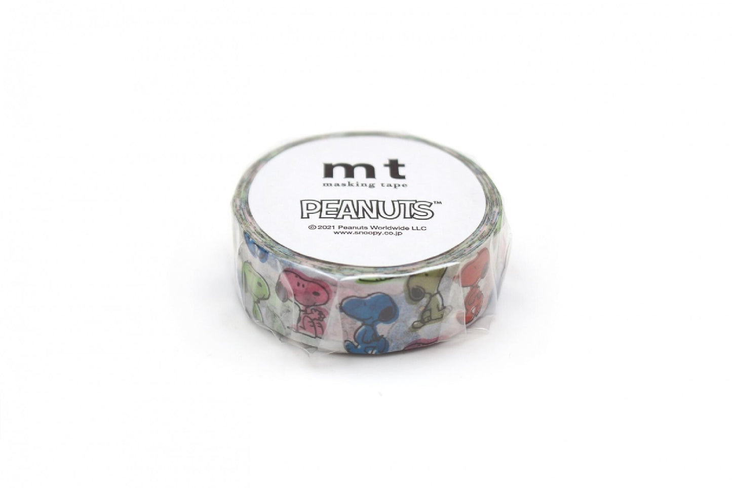 A roll of masking tape with a Peanuts theme, featuring colorful Peanuts characters on the tape.