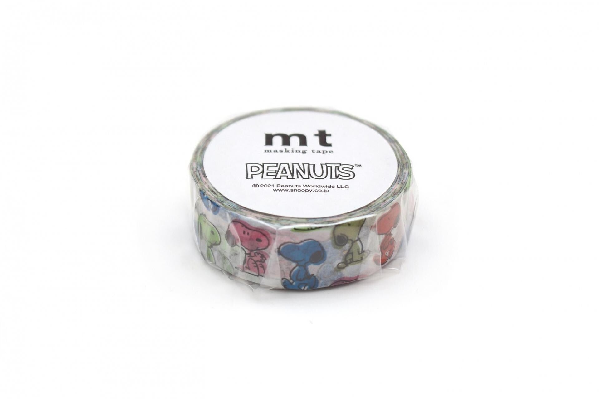 A roll of masking tape with a Peanuts theme, featuring colorful Peanuts characters on the tape.