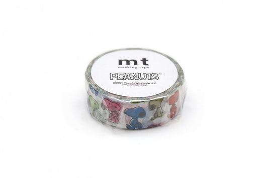 A roll of masking tape with a Peanuts theme, featuring colorful Peanuts characters on the tape.