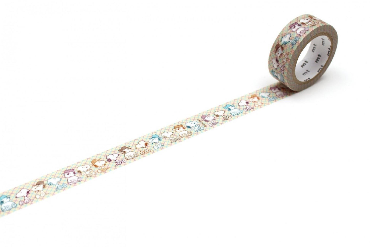 A roll of patterned tape with a repeating design of cartoon characters on it, lying on a white surface.