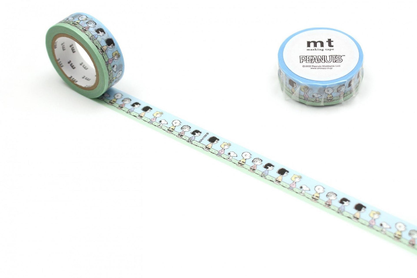 a roll of Peanuts-themed tape and a roll of tape with a different design.
