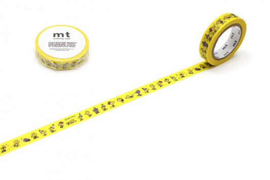 a roll of yellow Peanuts-themed tape and a yellow tape dispenser on a white background.