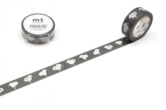 a roll of black and white patterned tape with a repeating design of cartoon characters, specifically the Peanuts characters, and a roll of plain black and white tape.