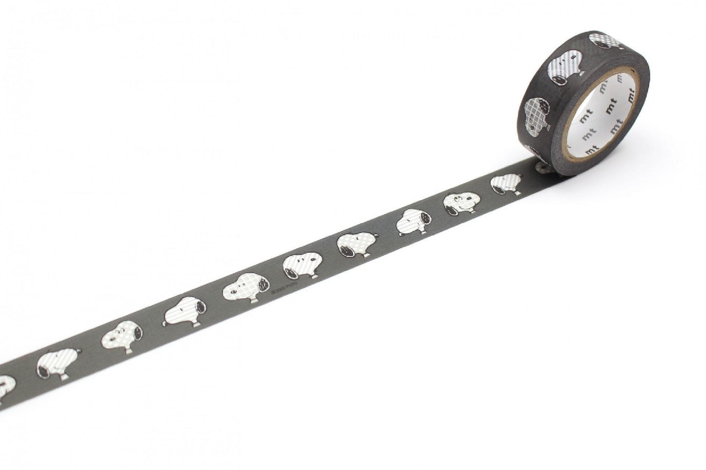 A roll of black and white patterned tape with a repeating design of cartoon characters on it.