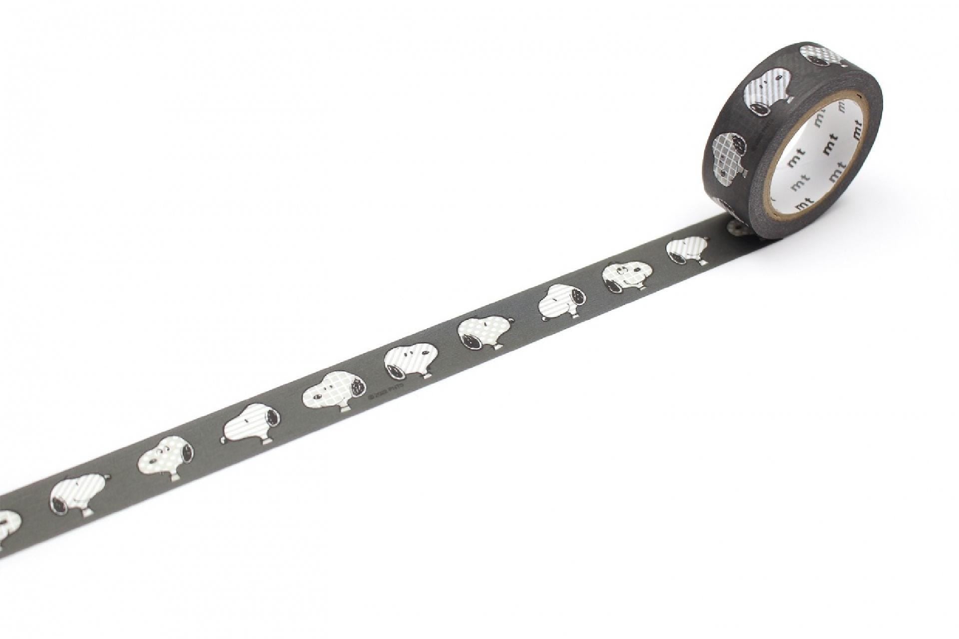 A roll of black and white patterned tape with a repeating design of cartoon characters on it.