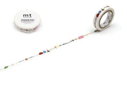 a roll of decorative tape with various colorful designs and patterns on it, along with a white circular object that appears to be a container or wrapper of the same tape.