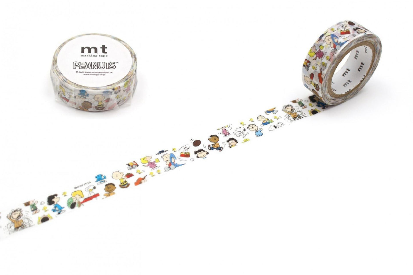 a roll of Peanuts themed tape with a variety of cartoon characters on it, and a round container of the same tape.