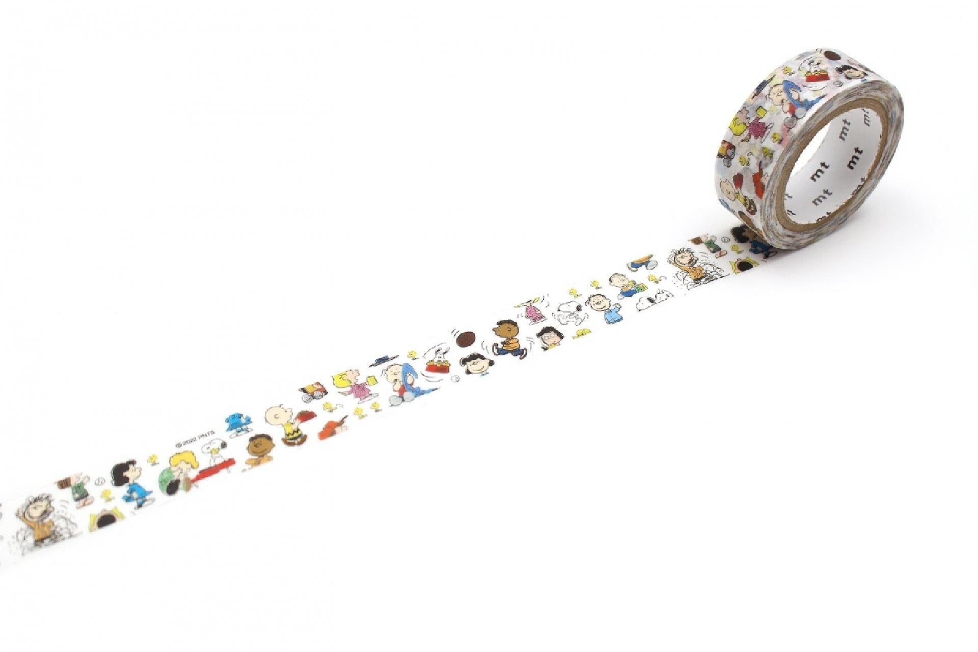 A roll of Peanuts-themed tape with various Peanuts characters printed on it.